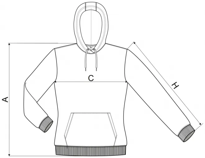 Hanorac de damă cu glugă fără fermoar - tabel de dimensiuni