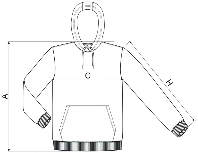 Hanorac pentru bărbați cu glugă fără fermoar - tabel de dimensiuni