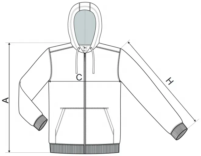 Hanorac pentru bărbați cu glugă - tabel de dimensiuni