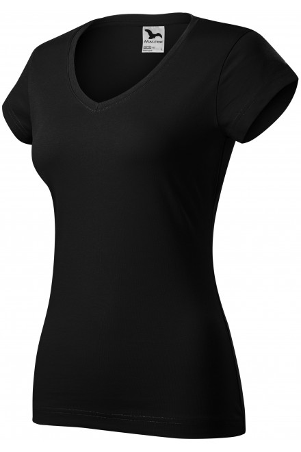 Tricou dama slim fit cu decolteu în V., negru, tricouri negre